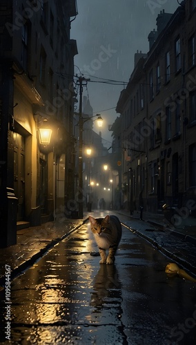 a solitary, wet cat with shimmering raindrops on its gray fur walking slowly on a misty, cobblestone street lined with dimly lit, old-fashioned street lamps