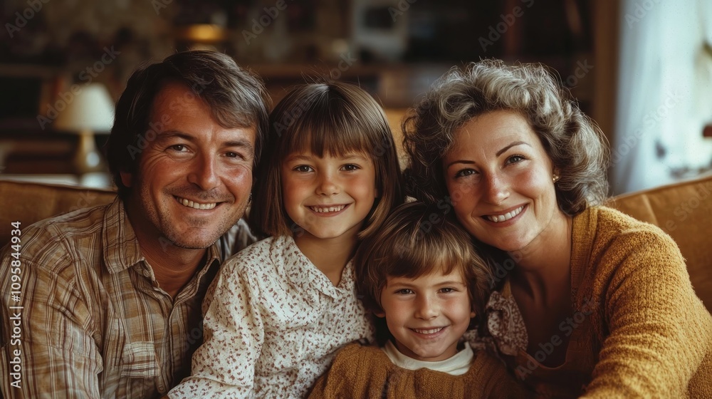 Happy family portrait; parents and two children smiling at camera.