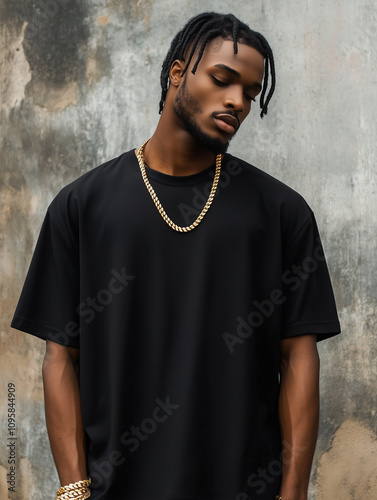 Black African Fashionable Man Wearing a Black Oversized Shirt Urban Style With Chain Necklace and Bracelet Against a Wall Background for Mockups