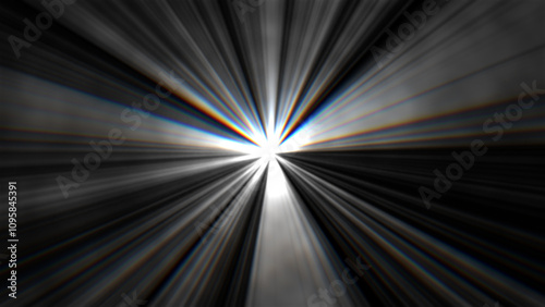 Volumetric sun light rays overlay at the center with aberration effect, horizontal composition.