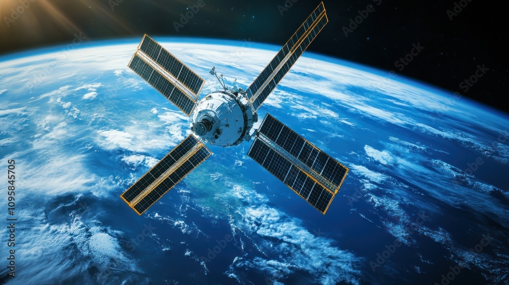 A satellite orbits Earth, showcasing technology in space exploration. A satellite orbits Earth, showcasing technology in space exploration.