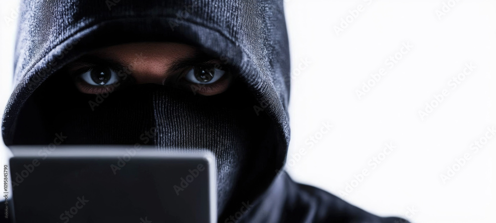Digital privacy concept with masked figure using smartphone Digital privacy concept with masked figure using smartphone