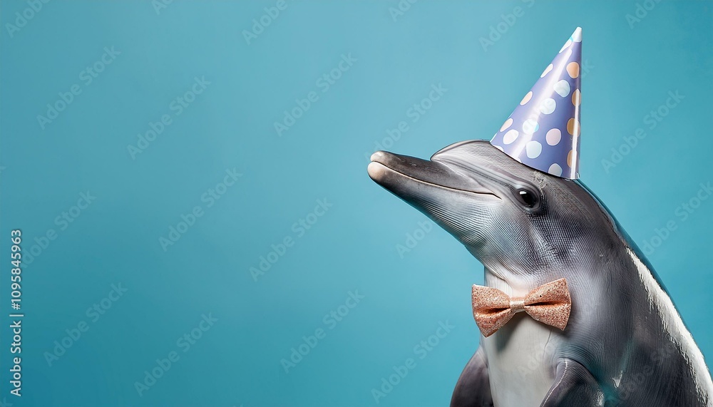 Fototapeta premium Creative animal concept.Dolphin in party cone hat necklace bowtie outfit isolated on solid pastel background advertisement, copy text space. birthday party invite invitation