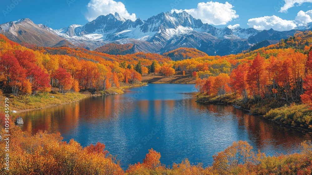 Majestic Autumnal Landscape: A Serene Mountain Lake Reflected in Vivid Fall Foliage Majestic Autumnal Landscape: A Serene Mountain Lake Reflected in Vivid Fall Foliage