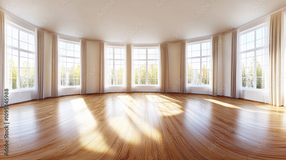 360 degree panorama view.A bright, empty studio with hardwood floors, large curtained windows, is shown in a 360° virtual reality image. 360 degree panorama view.A bright, empty studio with hardwood floors, large curtained windows, is shown in a 360° virtual reality image.