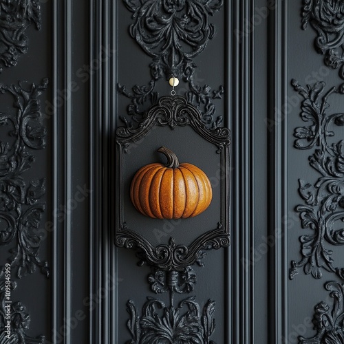 A single orange pumpkin sits in a black ornate frame on a black door with decorative carvings. photo