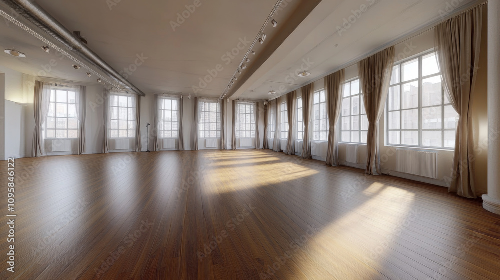 360 degree panorama view.A bright, empty studio with hardwood floors, large curtained windows, is shown in a 360° virtual reality image. 360 degree panorama view.A bright, empty studio with hardwood floors, large curtained windows, is shown in a 360° virtual reality image.