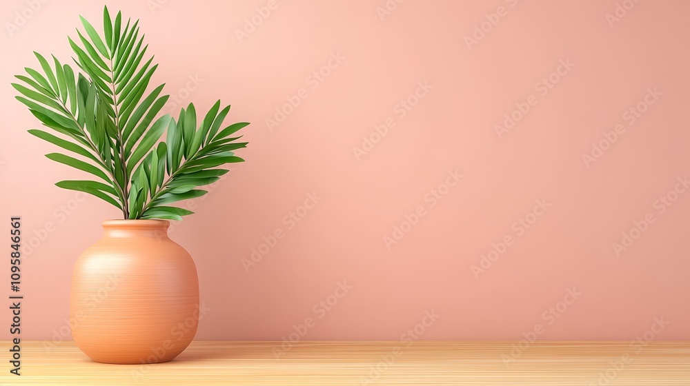 Fototapeta premium Minimalist Palm Leaves in Terracotta Pot Pink Wall Wooden Table