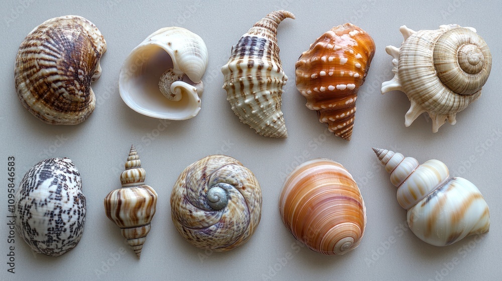 A collection of various seashells arranged on a surface, showcasing their unique shapes and colors. A collection of various seashells arranged on a surface, showcasing their unique shapes and colors.