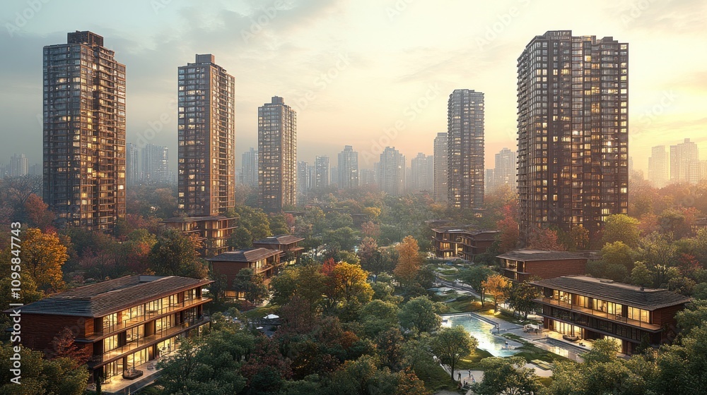 Fototapeta premium Luxury Apartments nestled in Autumnal Urban Oasis