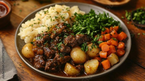 Hearty beef stew served with creamy mashed potatoes, roasted carrots, and potatoes, garnished with fresh parsley.