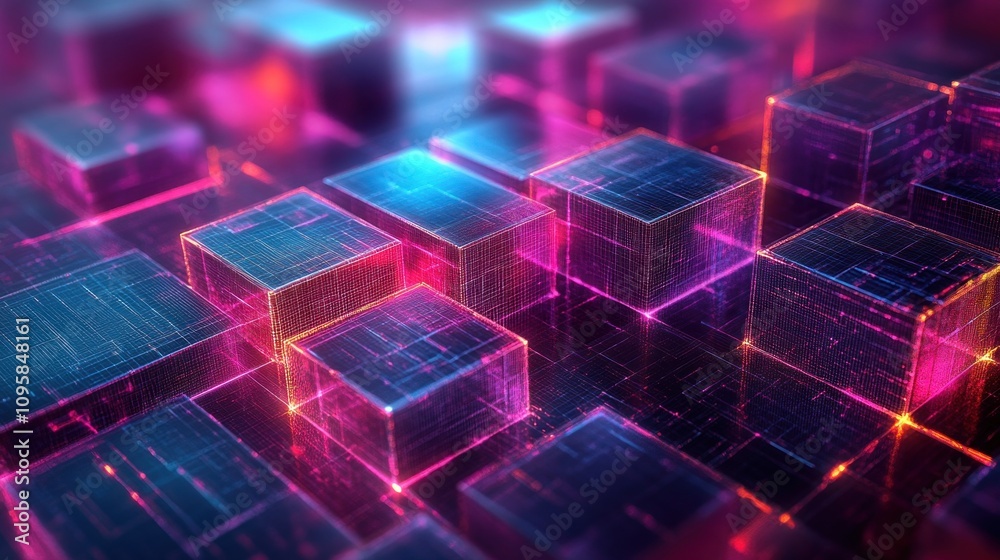 Obraz premium Abstract digital blocks with vibrant colors and glowing effects, representing technology and innovation.