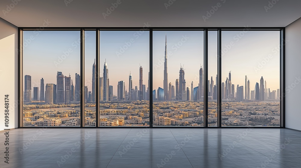 Fototapeta premium Interior view of an empty room in a skyscraper, showcasing the cityscape during the day. The skyline view from a high-rise window offers a gorgeous property with a stunning view.
