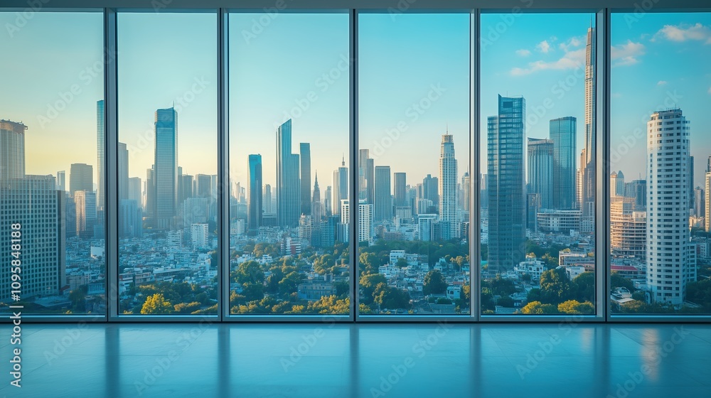 Fototapeta premium Interior view of an empty room in a skyscraper, showcasing the cityscape during the day. The skyline view from a high-rise window offers a gorgeous property with a stunning view.