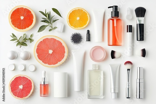 Skincare routine mood board collection of skincare products and tools beauty regimen collage on white flat lay top view. Isolated on a white background
