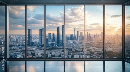 Interior view of an empty room in a skyscraper, showcasing the cityscape during the day. The skyline view from a high-rise window offers a gorgeous property with a stunning view.