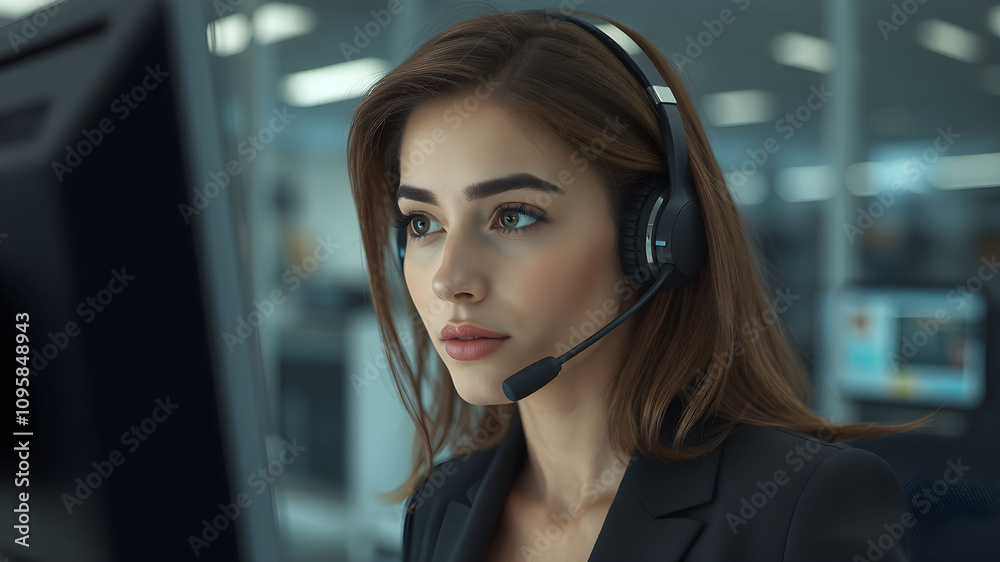 Beauty woman working in headphone and monitor in modern office call center. Interactive video call support between a technician and a customer, sleek and professional. realistic people Beauty woman working in headphone and monitor in modern office call center. Interactive video call support between a technician and a customer, sleek and professional. realistic people