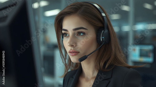 Beauty woman working in headphone and monitor in modern office call center. Interactive video call support between a technician and a customer, sleek and professional. realistic people