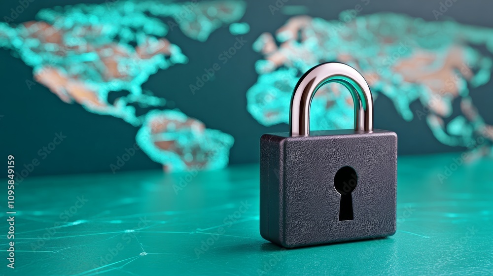 Fototapeta premium Global Cybersecurity Padlock on Teal Network Background