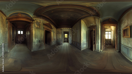 360 degree panorama view.A virtual reality (VR) scene: a dark, empty room shown in a 360-degree view.