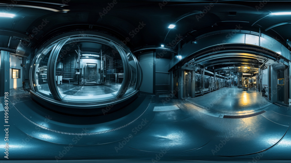 360 degree panorama view.A dark, futuristic lab's empty hall is shown in a 3D image. It's a high-resolution, 360-degree view, suitable for virtual reality. 360 degree panorama view.A dark, futuristic lab's empty hall is shown in a 3D image. It's a high-resolution, 360-degree view, suitable for virtual reality.