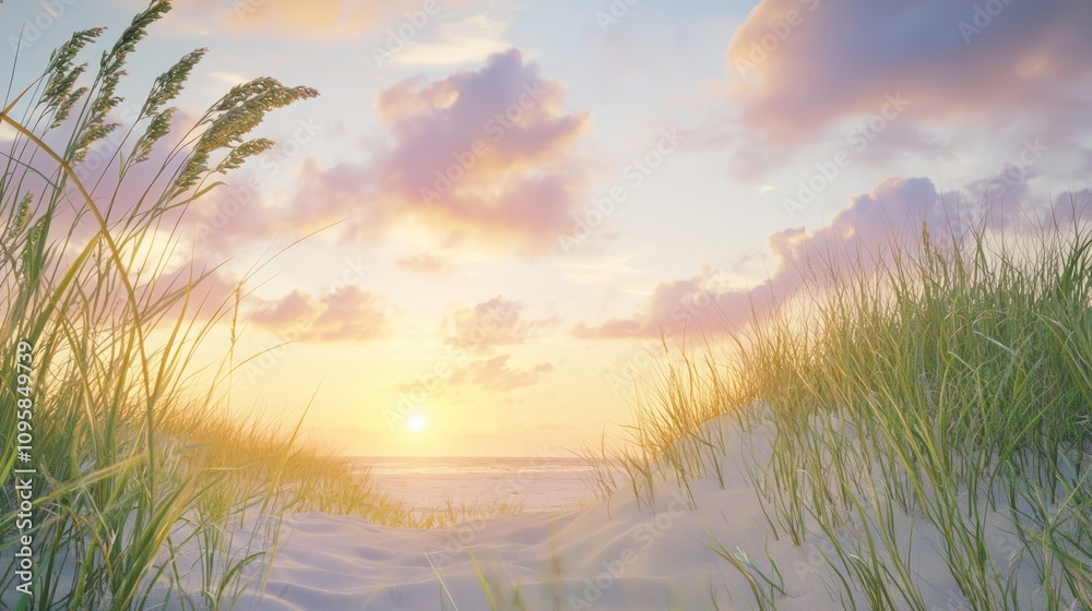 Serene Beach Sunset with Swaying Sea Oats and Sand Dunes - Tranquil Nature Landscape Photo Serene Beach Sunset with Swaying Sea Oats and Sand Dunes - Tranquil Nature Landscape Photo