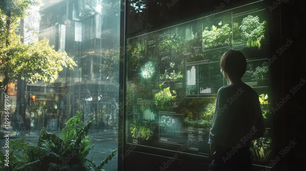 A person observes a digital display of lush plants in an urban setting. A person observes a digital display of lush plants in an urban setting.