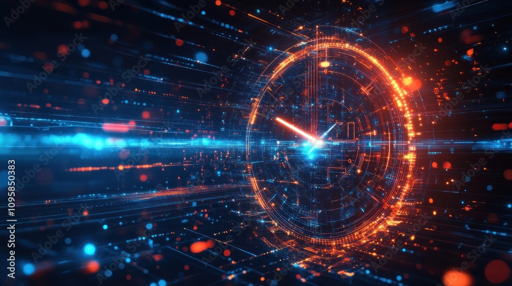A futuristic digital clock surrounded by glowing data streams and vibrant particles. A futuristic digital clock surrounded by glowing data streams and vibrant particles.