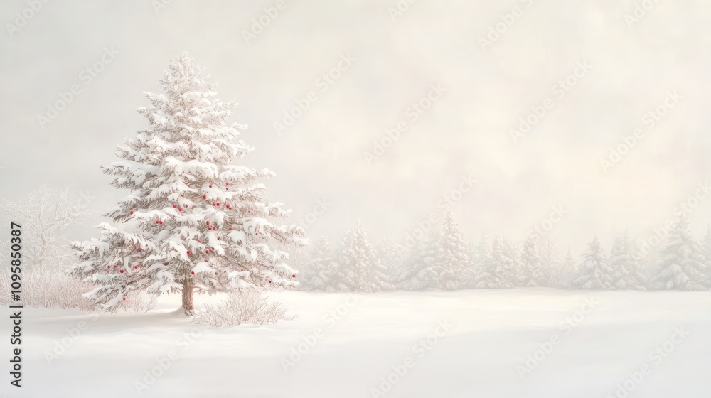Serene Winter Wonderland: Snow-covered Evergreen Tree with Festive Red Berries - Ultra-Detailed Botanical Wonders Concept Serene Winter Wonderland: Snow-covered Evergreen Tree with Festive Red Berries - Ultra-Detailed Botanical Wonders Concept