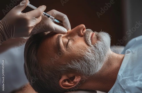 Side view of middle-aged man getting beauty injection in nose at aesthetic clinic. Plastic surgeon injecting anti-aging filler in handsome bearded man nose, having plastic correction, closeup