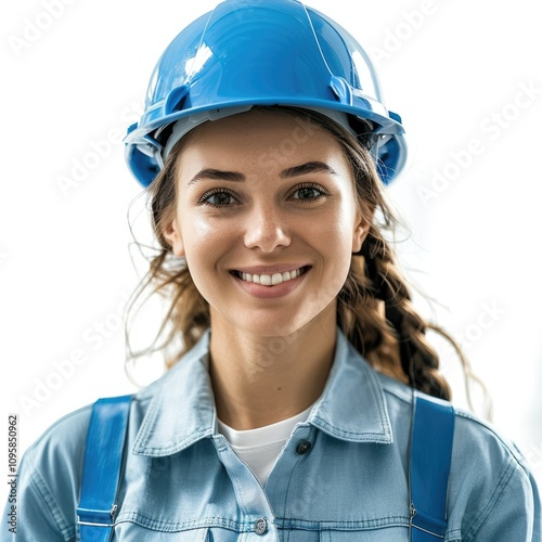 Woman engineer with blue hardhat smiling isolated on white background.