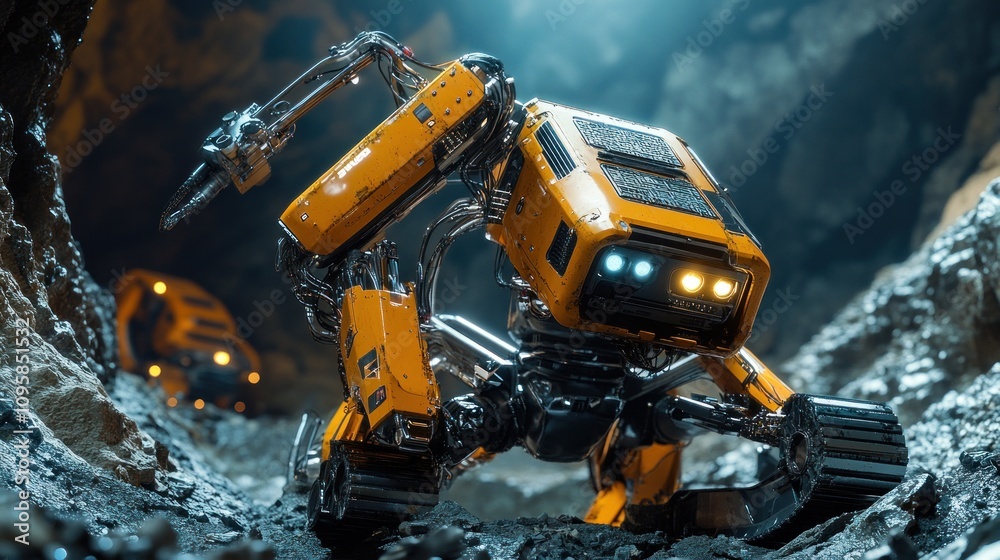 A robotic machine navigating a rocky cave environment for exploration or mining tasks. A robotic machine navigating a rocky cave environment for exploration or mining tasks.