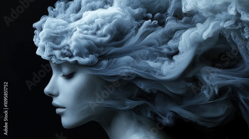 Ethereal Woman with Flowing Hair Made of Smoke, Symbolizing Serenity and Mystery Amidst a Dark and Dreamy Atmosphere