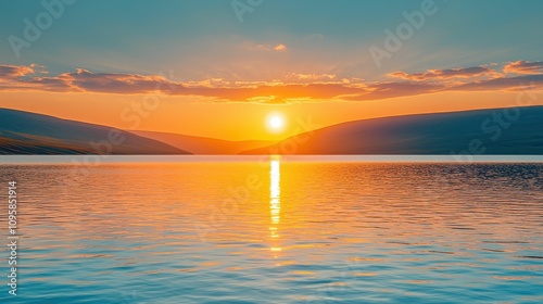 Serene Sunset Over Calm Water, Vibrant Colors Reflecting on the Surface, Peaceful Landscape with Rolling Hills and Dramatic Sky at Dusk