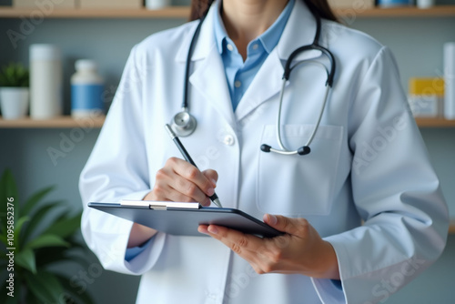 Doctor intently scribbling prescription, clipboard in hand.