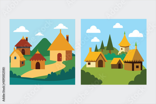 A medieval village with cottages vector illustration 