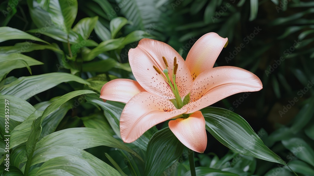Obraz premium Botanical Beauty: Close-Up of a Vibrant Lily Flower with Delicate Petals and Lush Green Leaves in Soft Sunlight