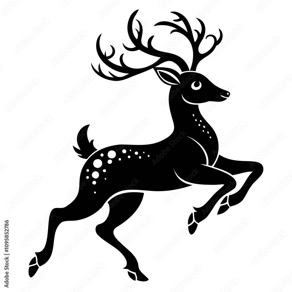 Fototapeta premium Black embossed Christmas deer jumping silhouette vector Illustration, Vector outline Design, or Line Art