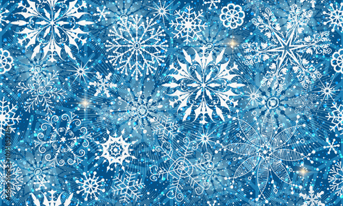 Vector seamless Christmas hand drawn blue pattern with white doodle snowflakes and stars