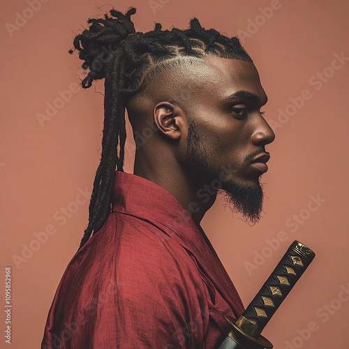 A young man with dreadlocks and a beard in a red robe, holding a katana sword in his hand, looking to the side.