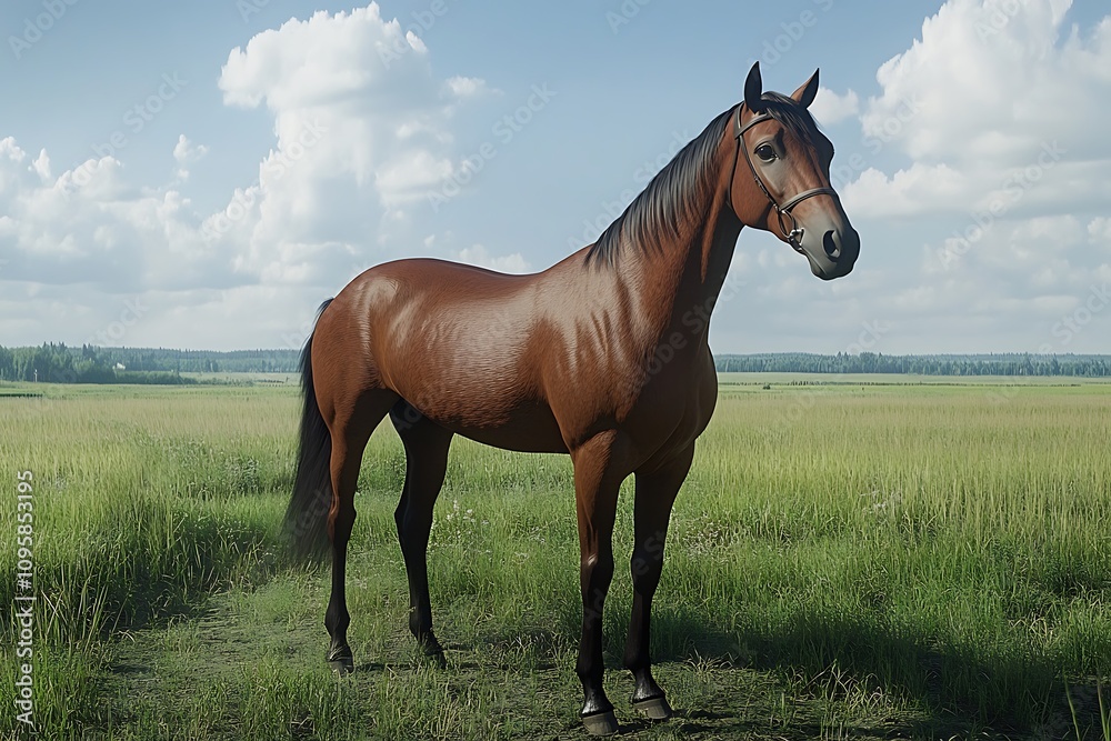 Brown thoroughbred horse standing majestically in a green field under a cloudy sky, enjoying the peaceful countryside Brown thoroughbred horse standing majestically in a green field under a cloudy sky, enjoying the peaceful countryside
