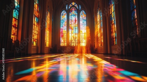 A serene interior with colorful stained glass windows casting vibrant reflections on the floor.