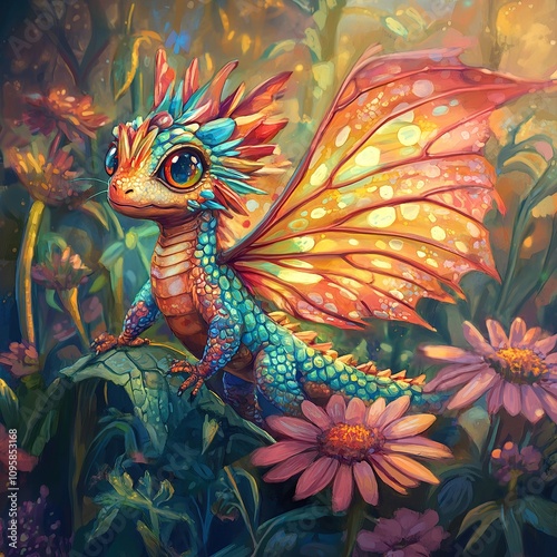 A colorful, cartoon baby dragon with large eyes sits on a leaf surrounded by pink flowers.
