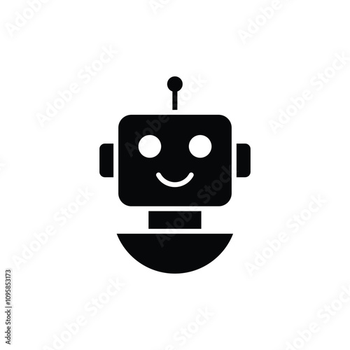 Robot icon. Simple solid style. Cute smiling bot, chatbot, ai, chat, voice, assistant, service, virtual, technology concept. Black silhouette, glyph symbol. Vector illustration isolated.