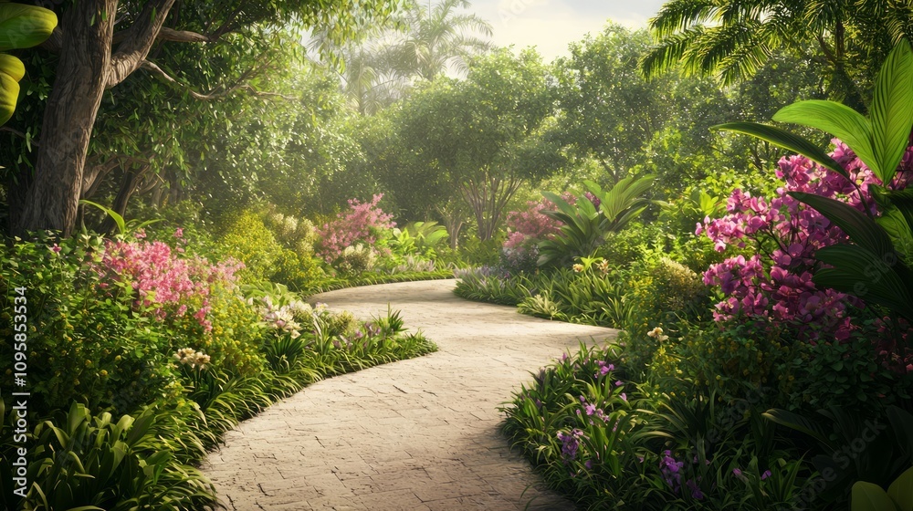 Fototapeta premium Tranquil Garden Pathway: A Serene Exploration of Nature's Beauty