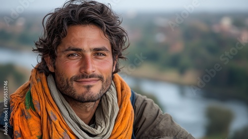 Portrait of a Smiling Man with Brown Curly Hair Wearing an Orange Scarf