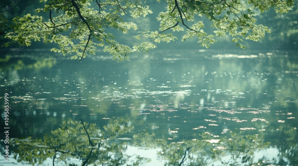 A serene lake surrounded by lush greenery, reflecting calm water and soft light.