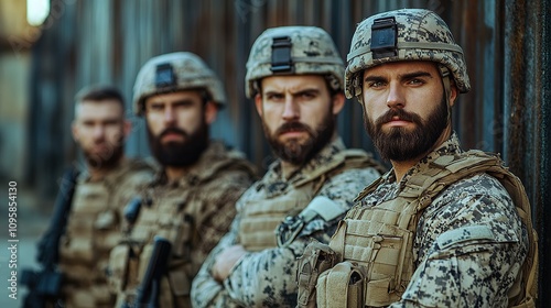 Four soldiers in camouflage gear stand in front of a rusty metal wall, their faces grim, arms crossed, and looking straight ahead.