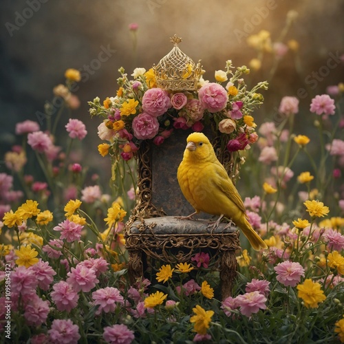 A golden canary wearing a tiny crown, sitting on a throne of flowers. photo