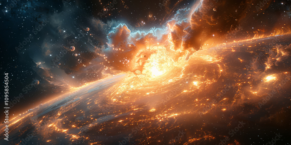 Catastrophic planetary explosion in space. Fiery cosmic destruction and interstellar shockwaves. Catastrophic planetary explosion in space. Fiery cosmic destruction and interstellar shockwaves.